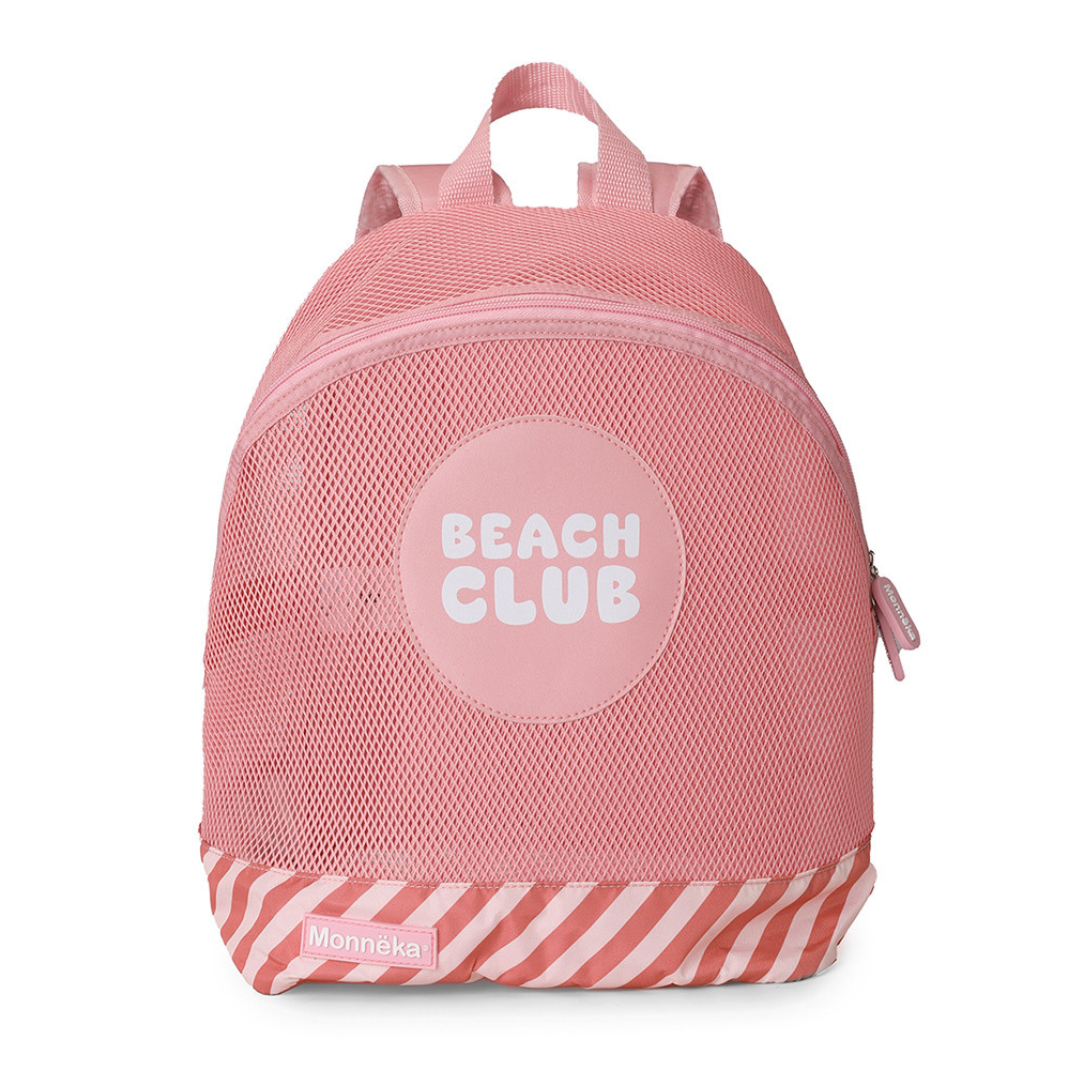 Mochila rosa com rede e padrão riscado