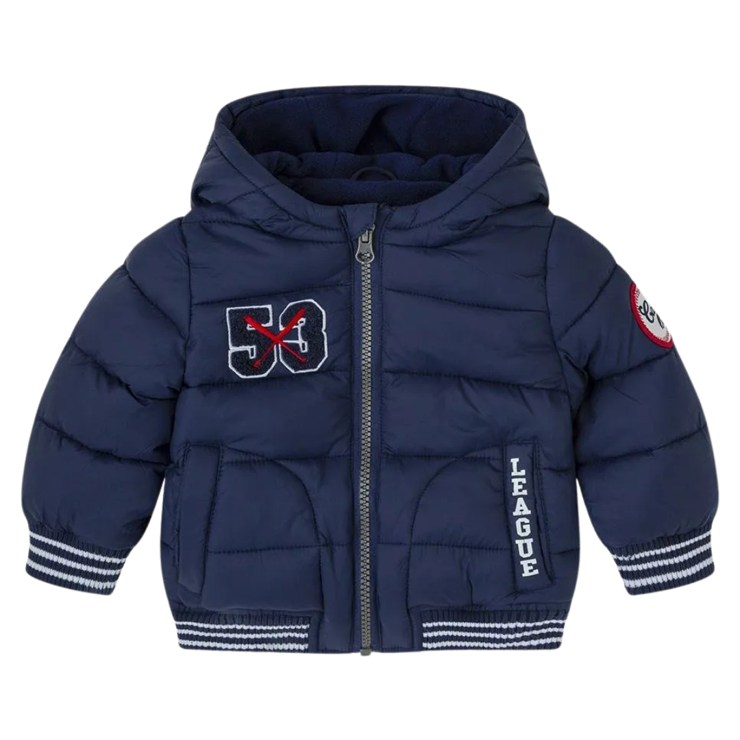 Casaco infantil azul escuro acolchoado com capuz e fecho