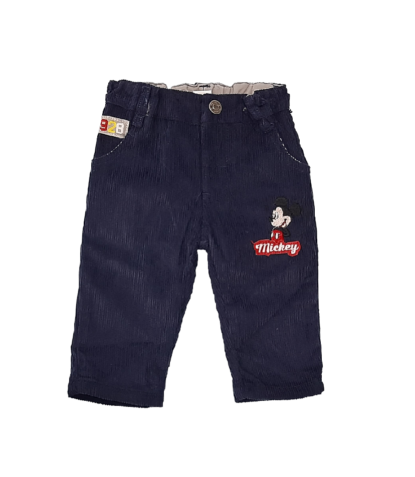 Calças de veludo cotelê azul escuro para criança com bordado do Mickey