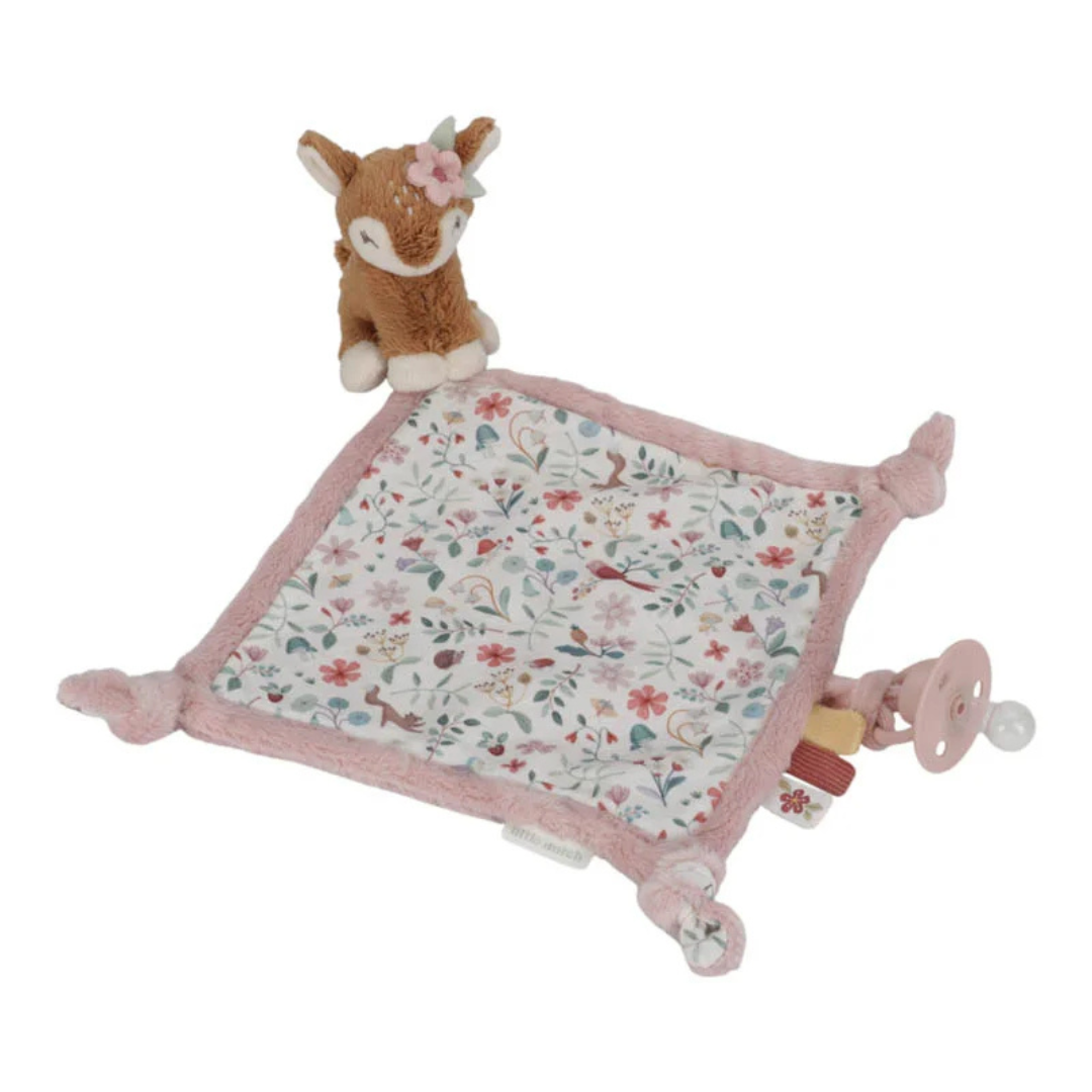 Manta de bebé rosa com peluche de veado e padrão floral com suporte para chupeta