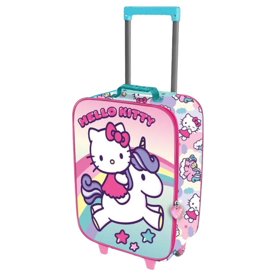 Mala de viagem infantil Hello Kitty com desenho de unicórnio e cores pastel
