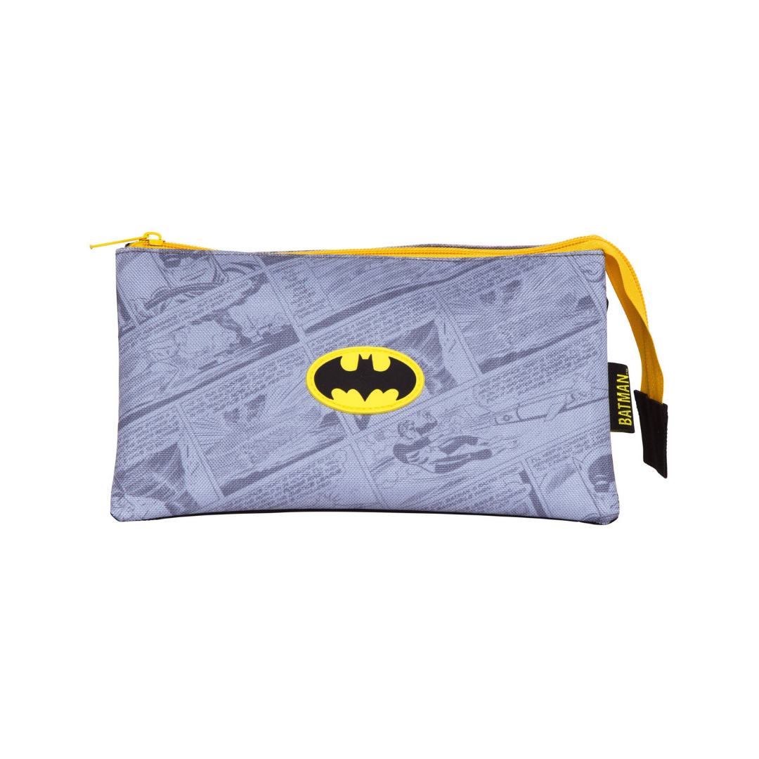 Estojo cinzento com símbolo do Batman e fecho amarelo
