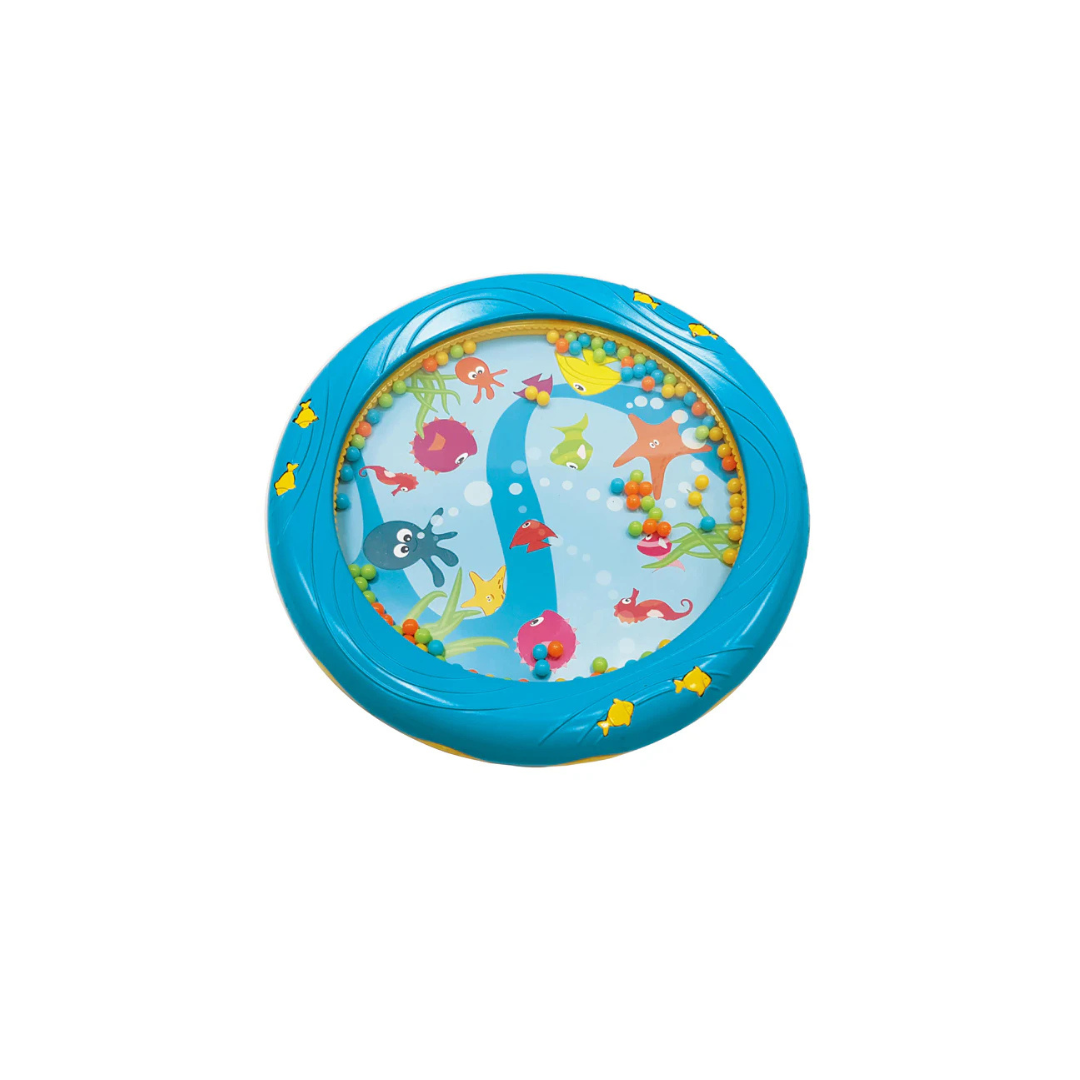 Brinquedo aquático redondo azul com desenhos de animais marinhos e bolinhas coloridas