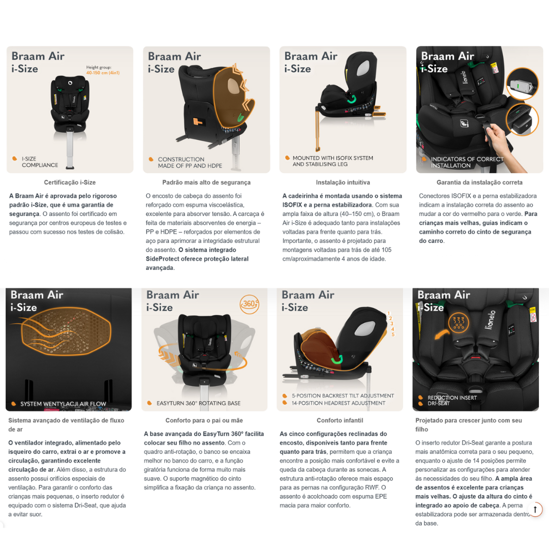cadeira auto criança preta Braam Air i-Size com suporte ajustável e sistema Isofix