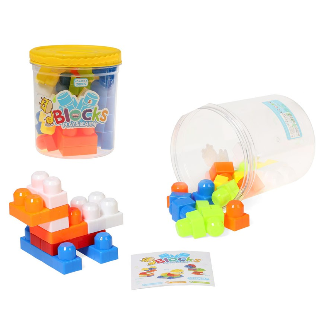 Blocos de construção coloridos em recipientes transparentes com tampas amarelas e montados em fundo branco