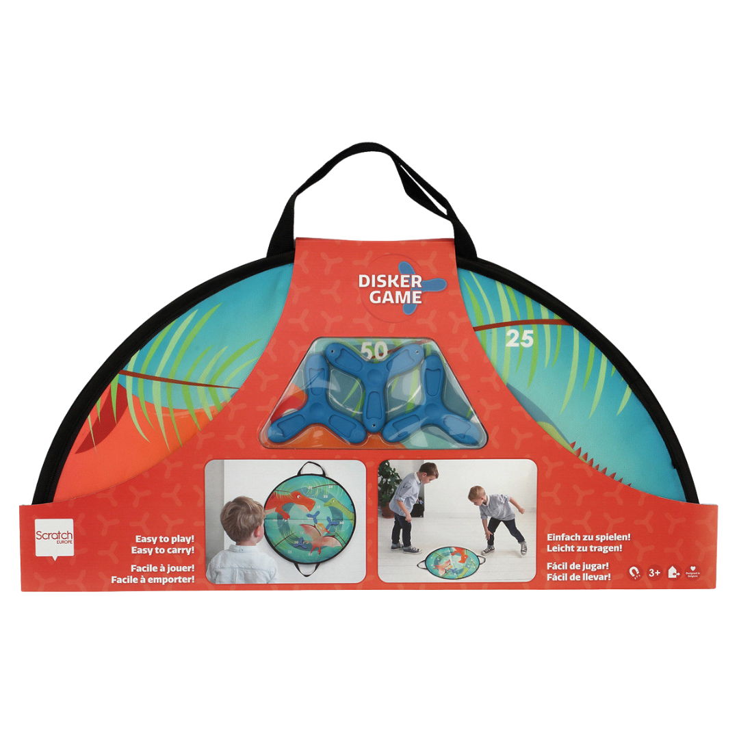 Mala redonda vermelha e azul com dinossauros, bumerangues azuis e texto DISKER GAME