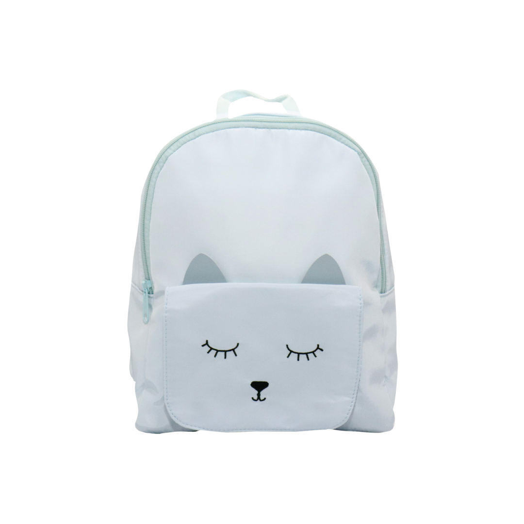 Mochila infantil branca com desenho de rosto de gato no bolso frontal