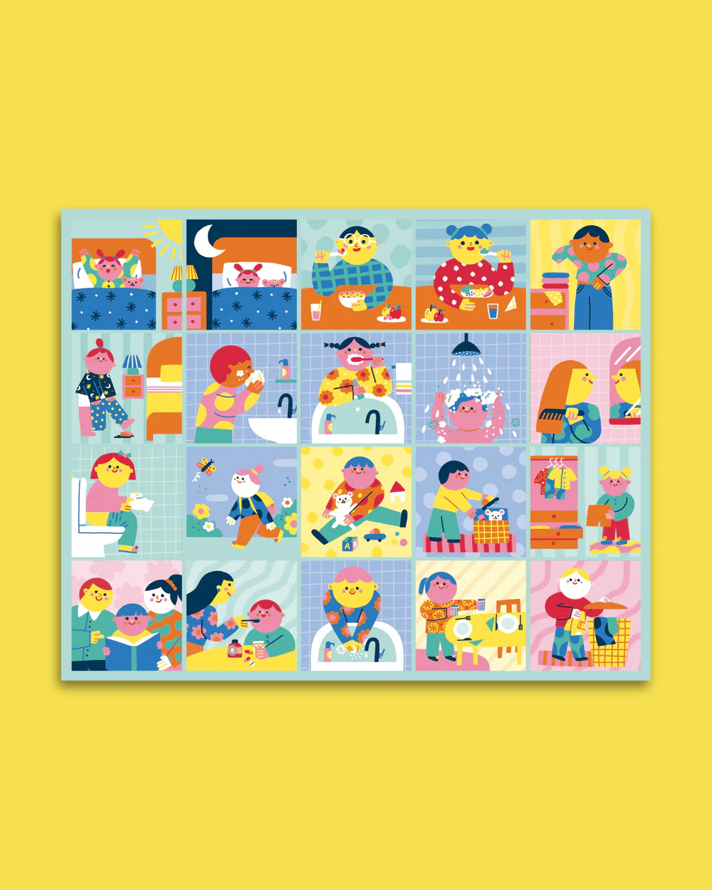 Ilustração de rotinas diárias em painéis coloridos com personagens em atividades diversas.