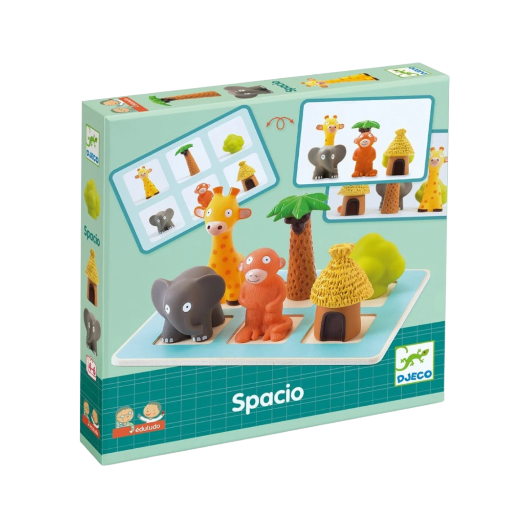 Jogo de memória Spacio da Djeco com peças coloridas de animais e objetos de plástico.