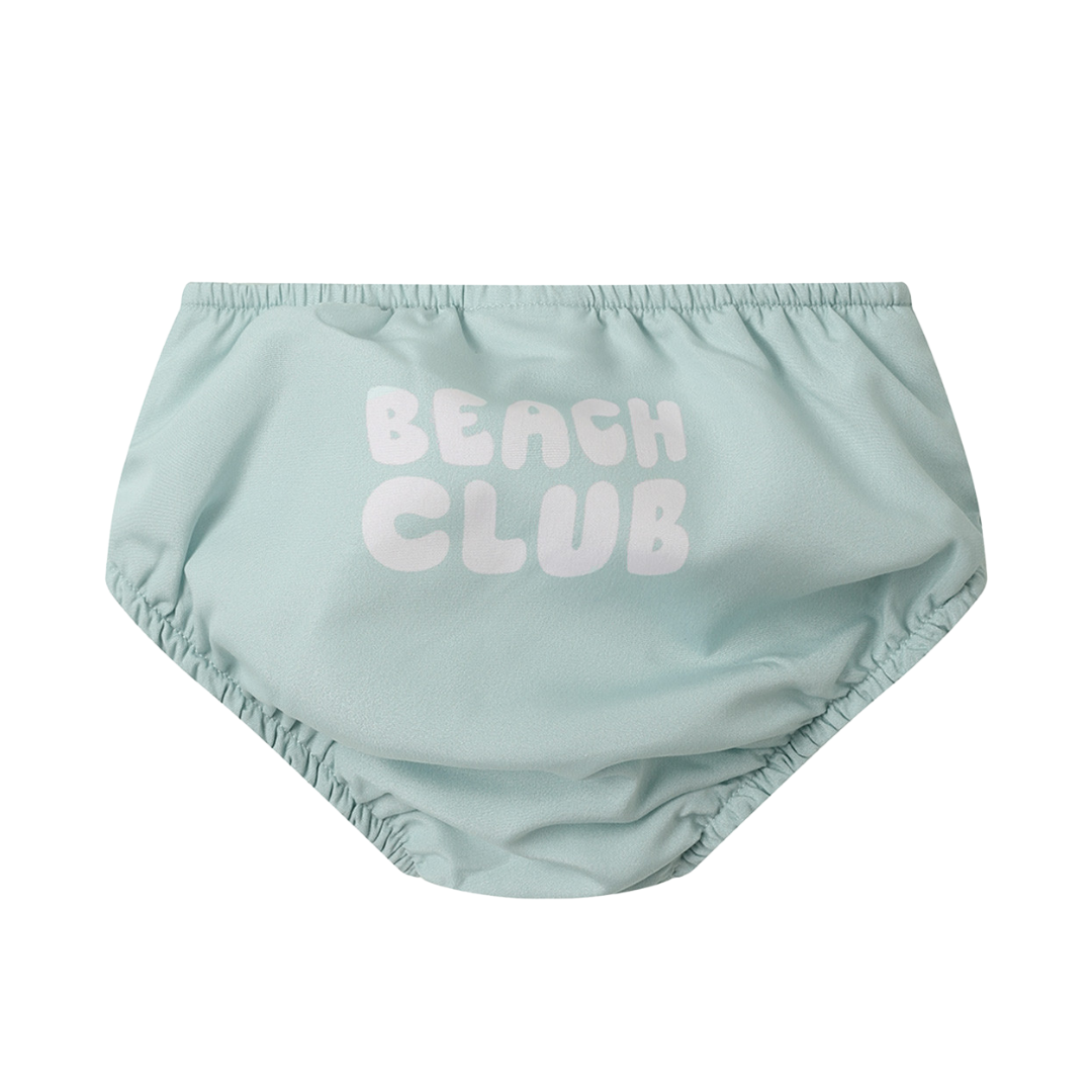 Cueca de bebé azul claro com texto branco BEATCH CLUB