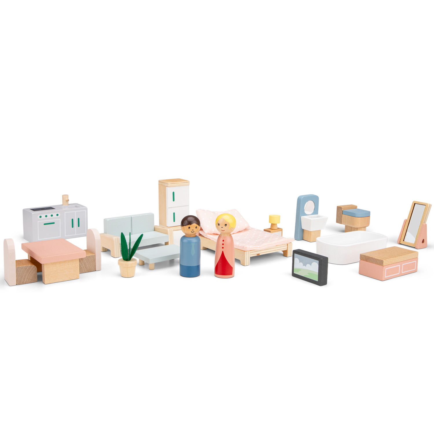 Conjunto de móveis de madeira pintados para casa de brincar com bonecos e acessórios