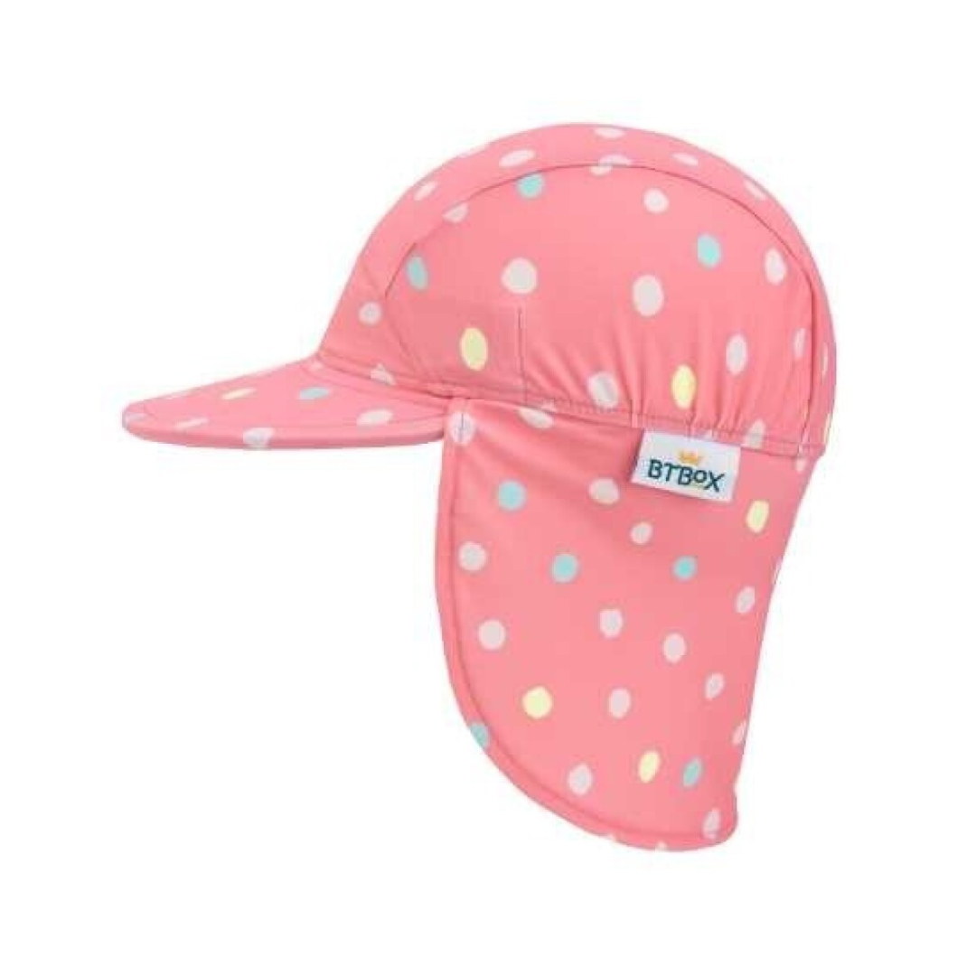 Chapéu cor-de-rosa com bolinhas coloridas e proteção para nuca
