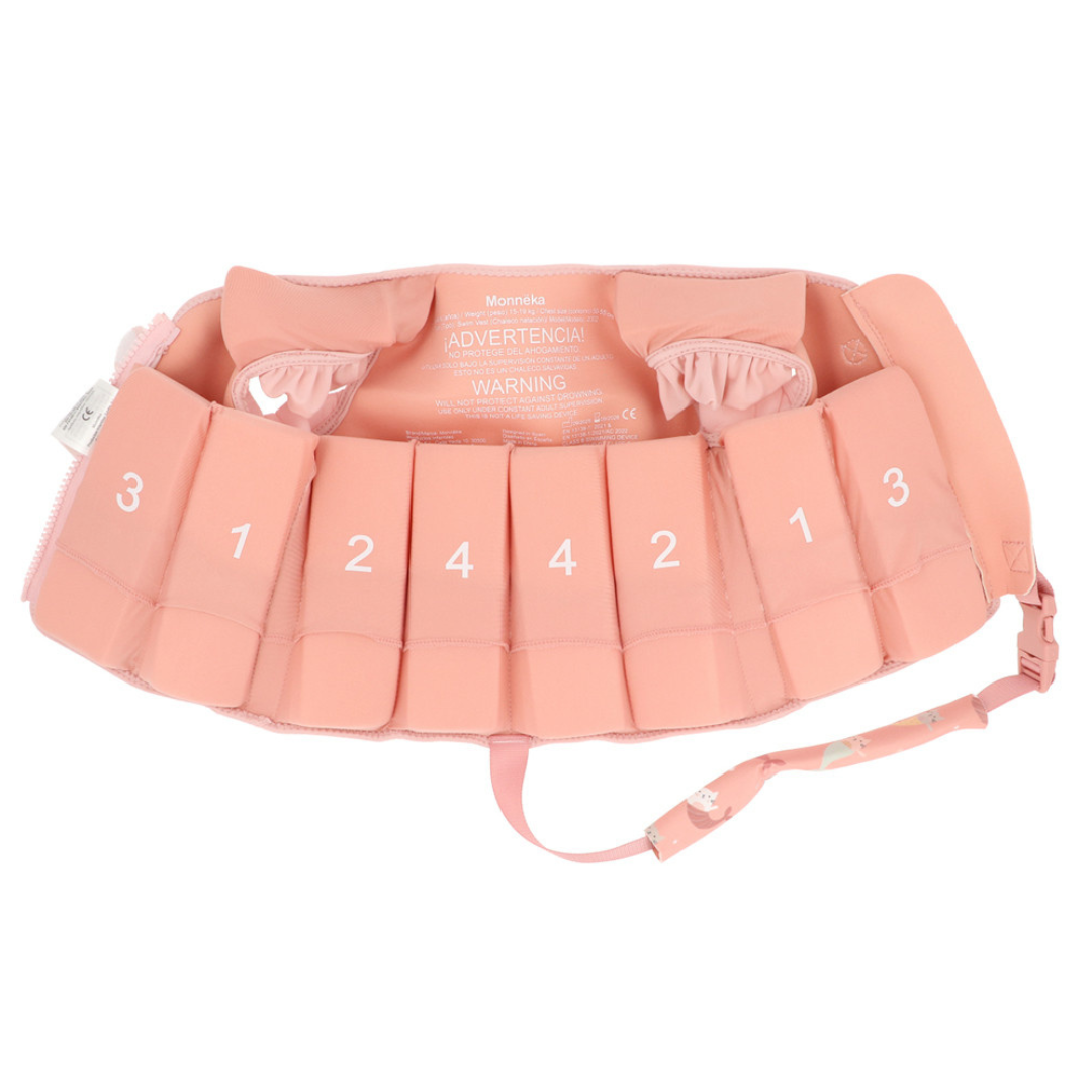 Colete salva-vidas rosa com espuma numerada para crianças e texto de aviso no interior.