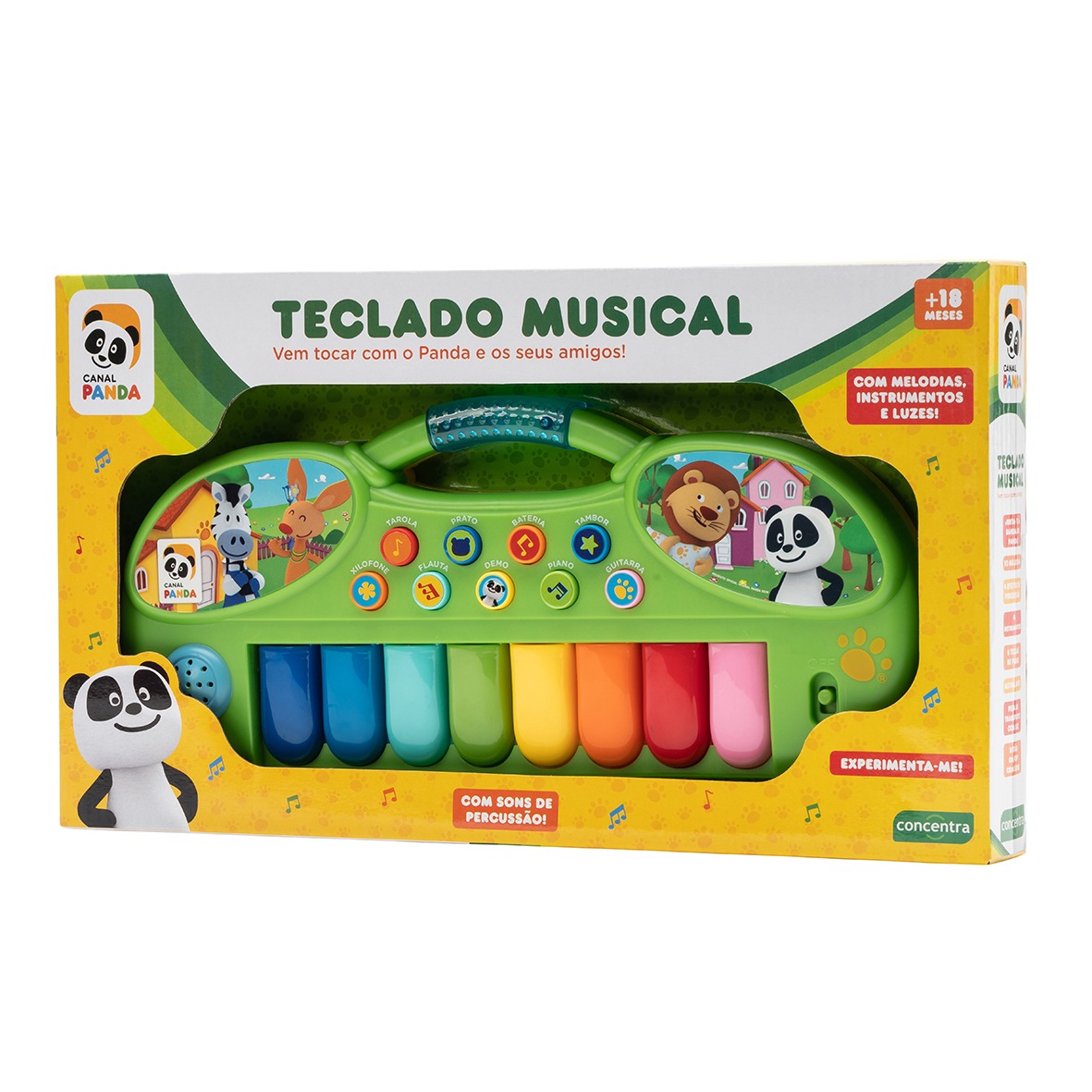 Teclado musical infantil verde com teclas coloridas e personagens animados em caixa de embalagem