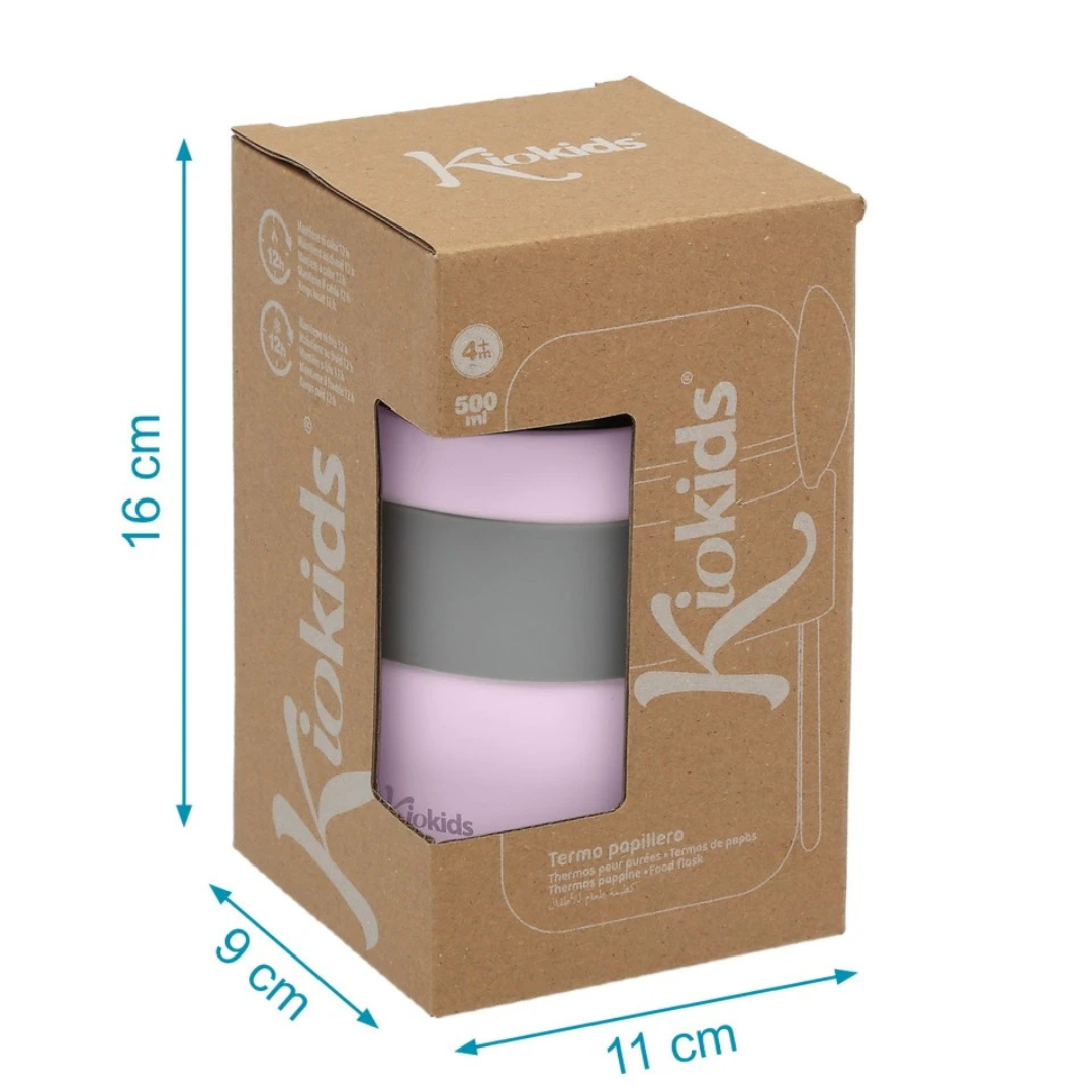 Termo papileiro Kiokids cor-de-rosa e cinzento em caixa de cartão castanho com texto e dimensões.