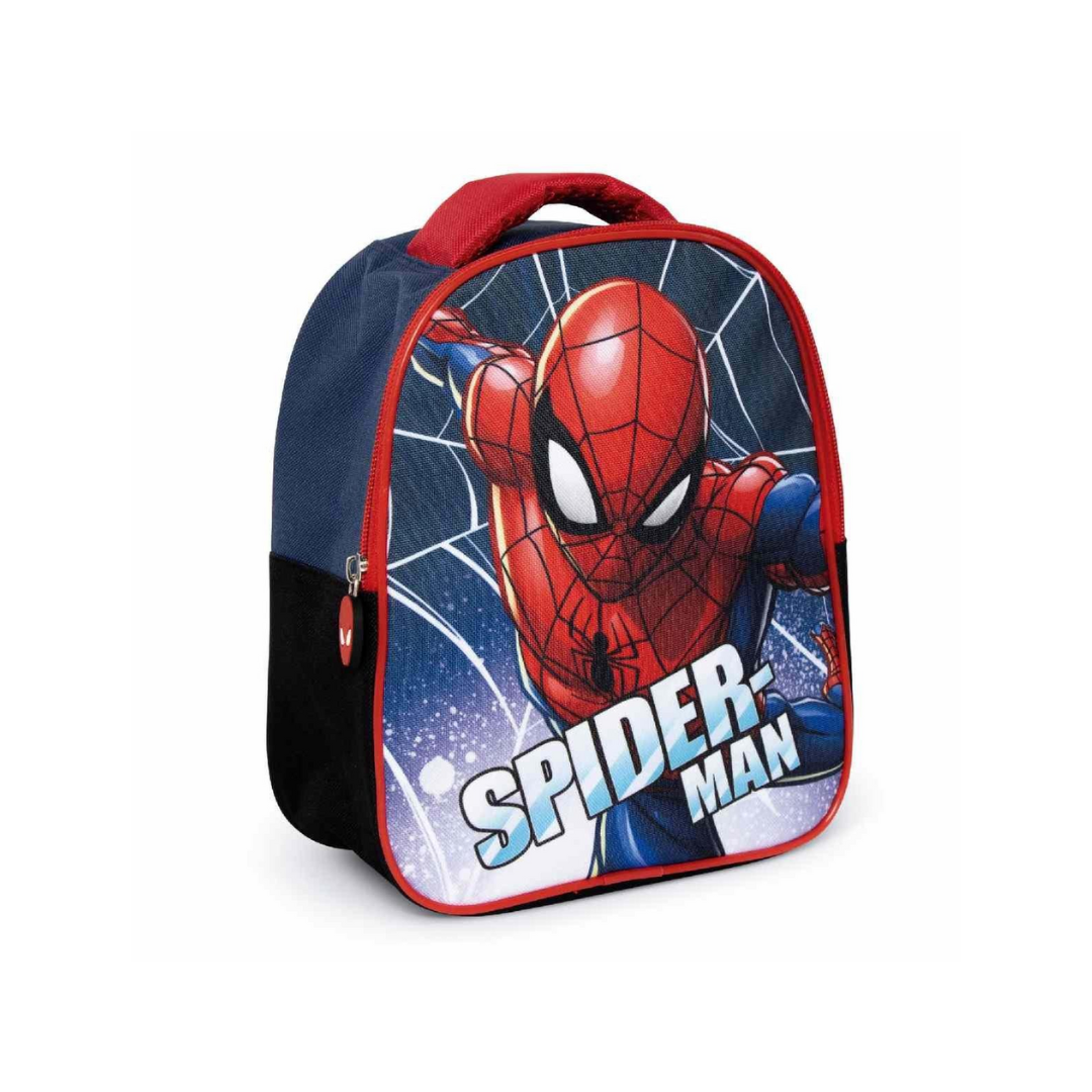 Mochila infantil Homem-Aranha vermelha, azul e preta com estampa do personagem e texto SPIDER-MAN