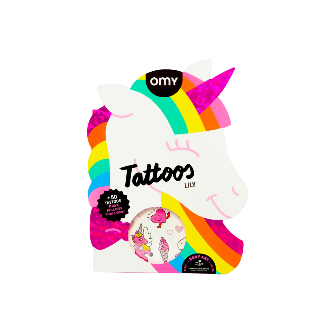 Pacote de tatuagens temporárias em forma de unicórnio colorido com texto e selo dermatológico