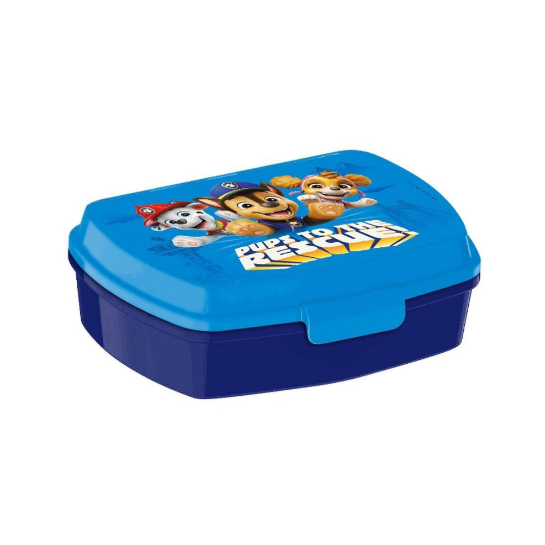 Recipiente plástico azul com personagens de desenho animado e texto PUP TO THE RESCUE!