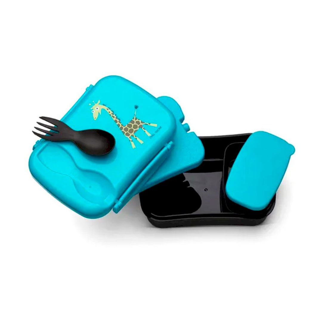 Marmita de plástico azul com girafa e talheres pretos