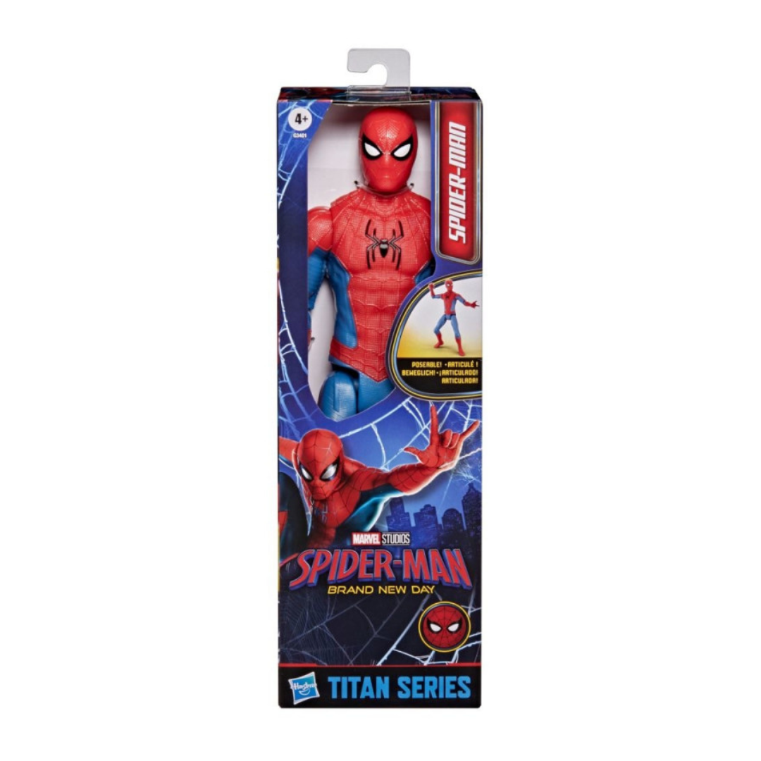 Figura de ação Spider-Man em embalagem azul e vermelha da série Titan.
