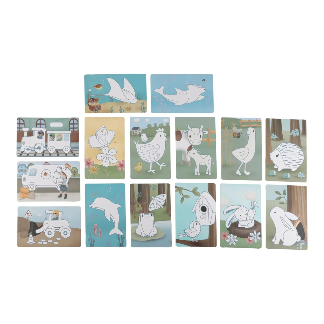 Cartas ilustradas de animais e veículos para crianças sobre fundo branco.
