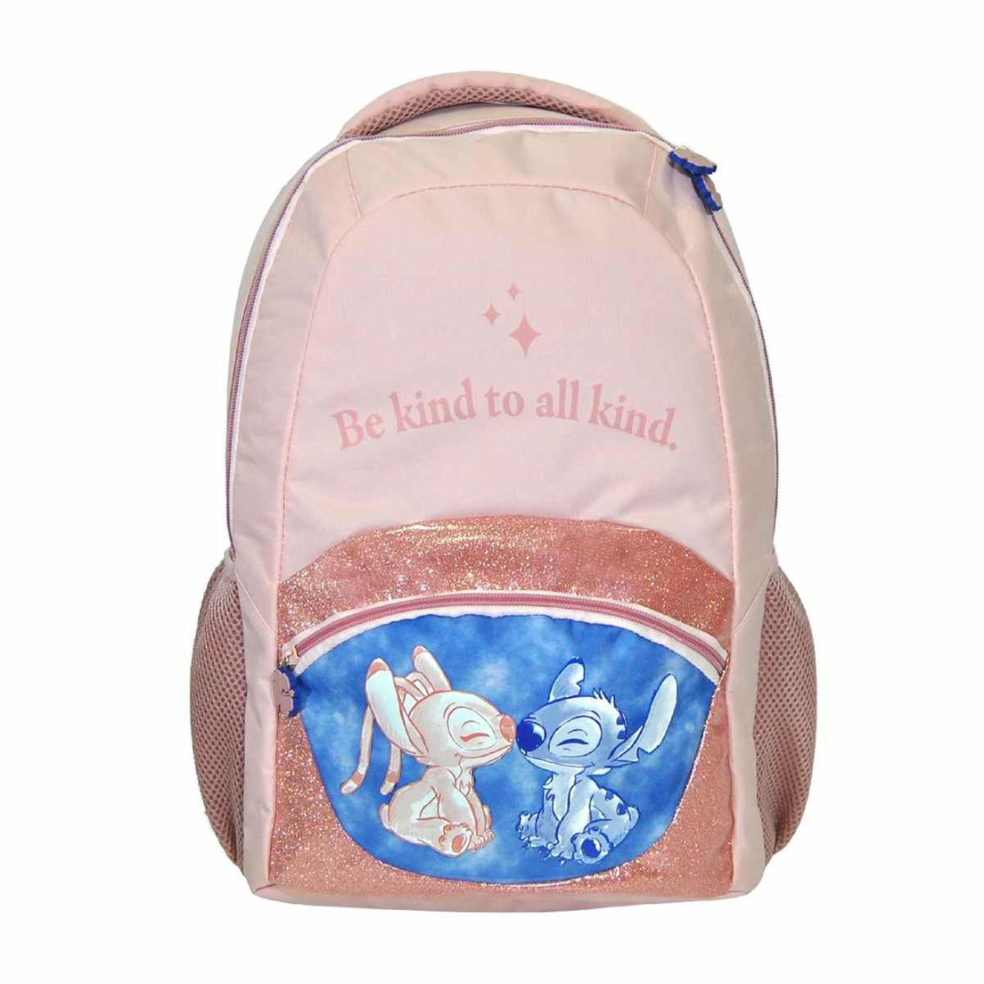 Mochila rosa com bolso azul e rosa brilhante com Bambi e Stitch e texto 'Be kind to all kind.'