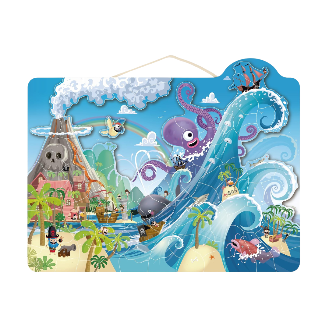 Quebra-cabeças infantil colorido com tema pirata e mar