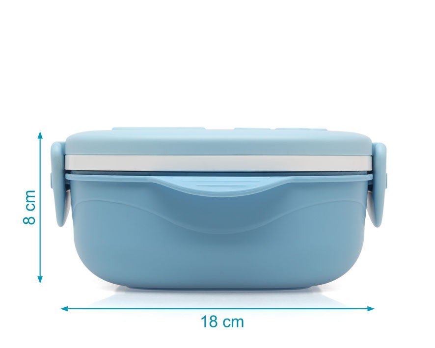 Recipiente para alimentos azul claro com indicação de medidas 18 cm de largura e 8 cm de altura