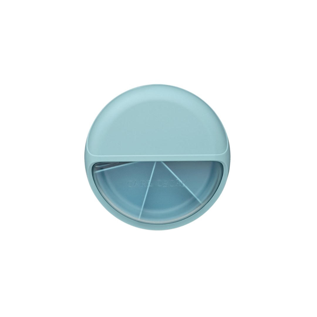 Prato redondo azul claro com tampa e divisórias