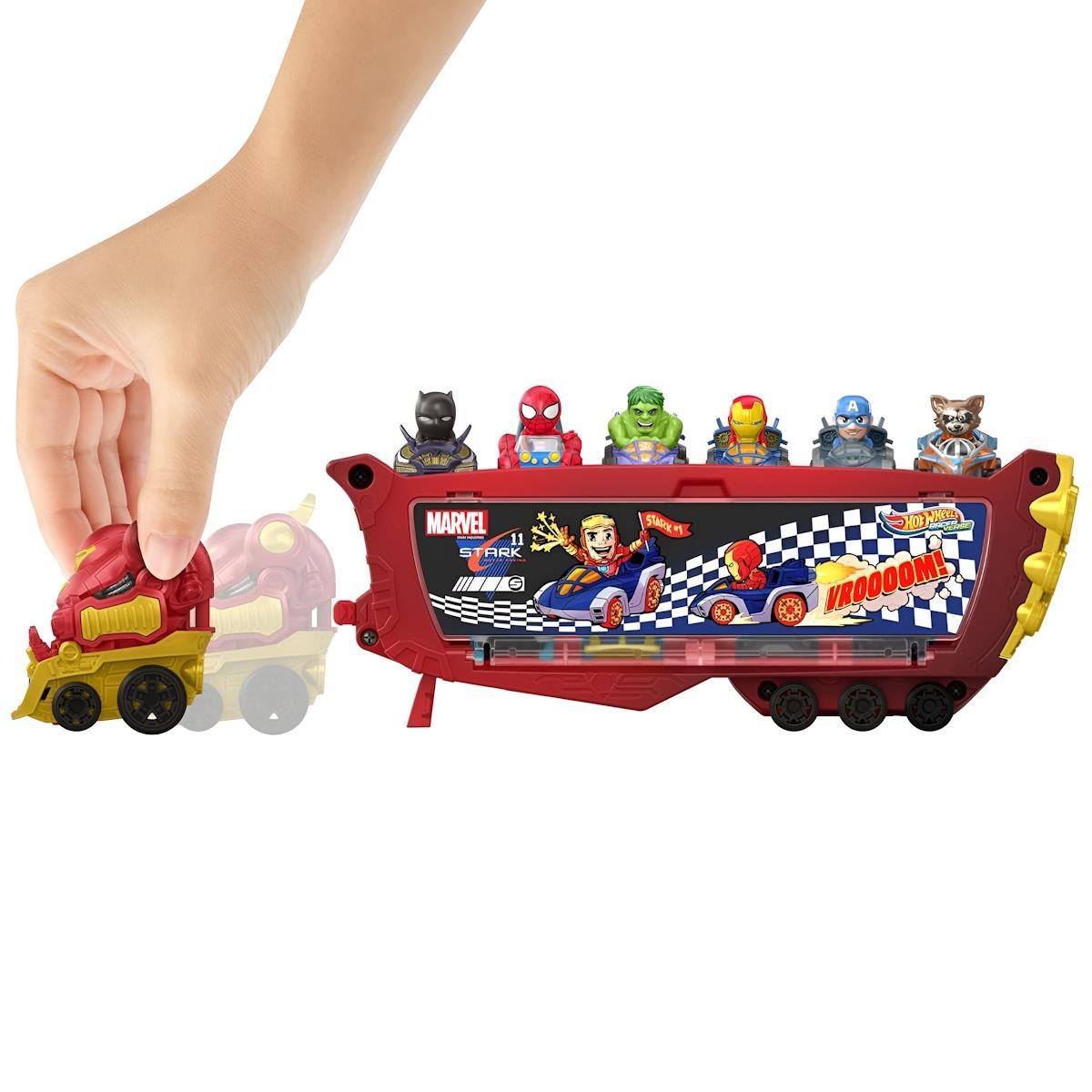 Brinquedo de veículo vermelho com figuras de super-heróis Marvel destacáveis
