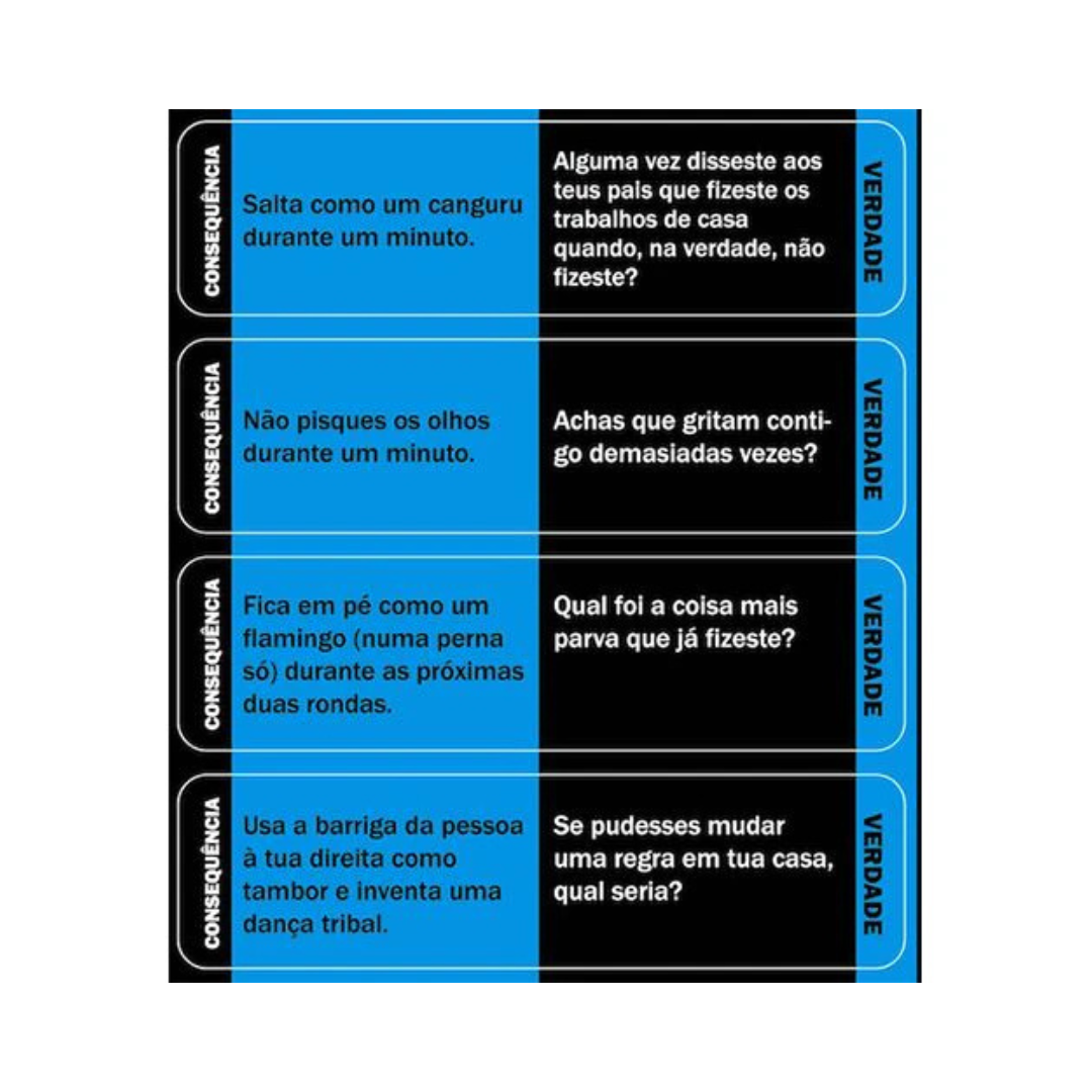 Cartão de jogo em azul e preto com perguntas de verdade e consequências em português.