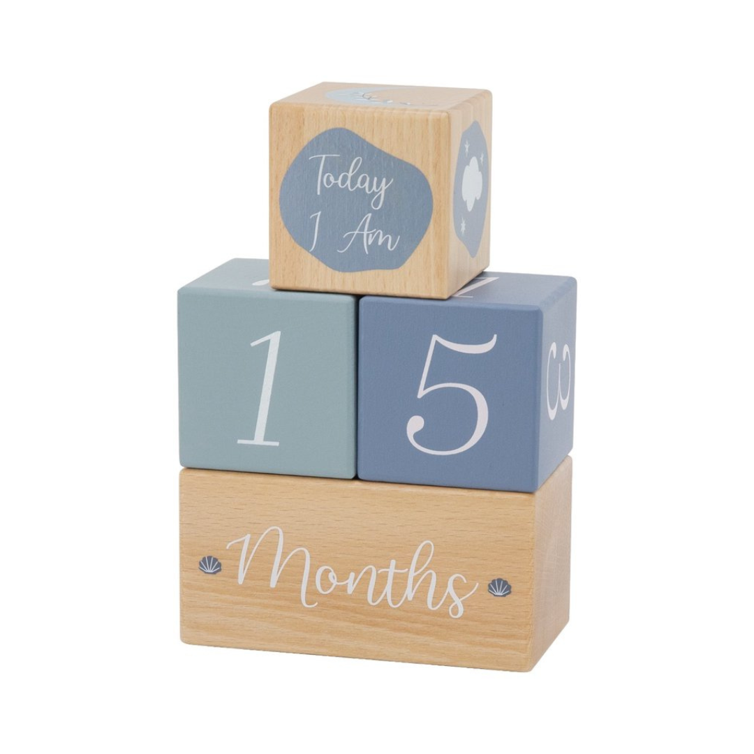 Blocos de madeira para marcar a idade de bebés em meses, azul e natural
