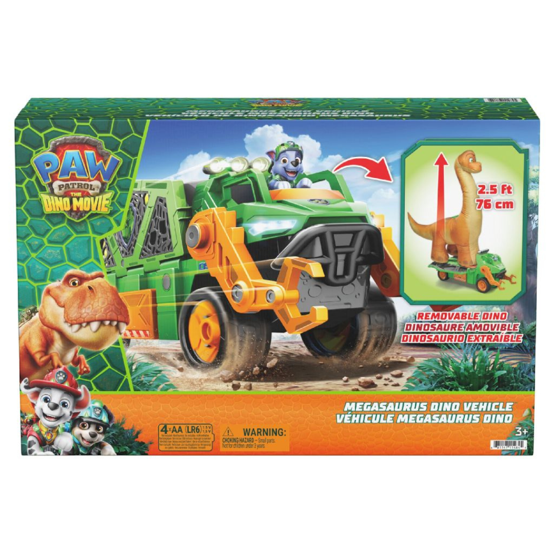 Caixa de brinquedo Paw Patrol The Dino Movie com veículo Megasaurus Dino verde e dinossauro removível