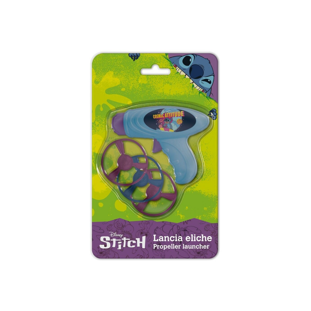 Lança eliche Disney Stitch em plástico azul e roxo com hélices roxas em embalagem verde e roxa