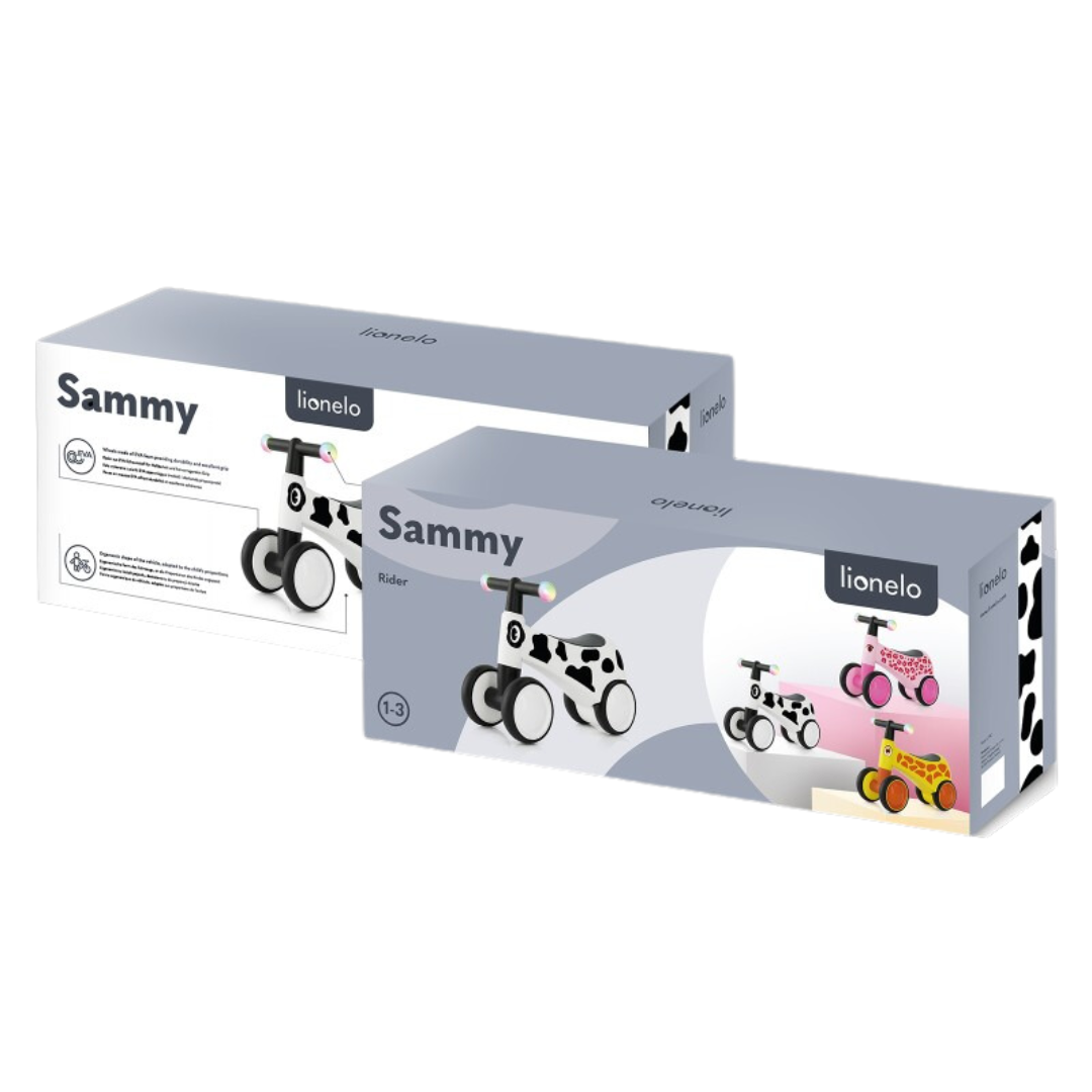 Brinquedo andarilho Lionelo Sammy em caixas com imagens do produto e padrões de vaca e girafa.