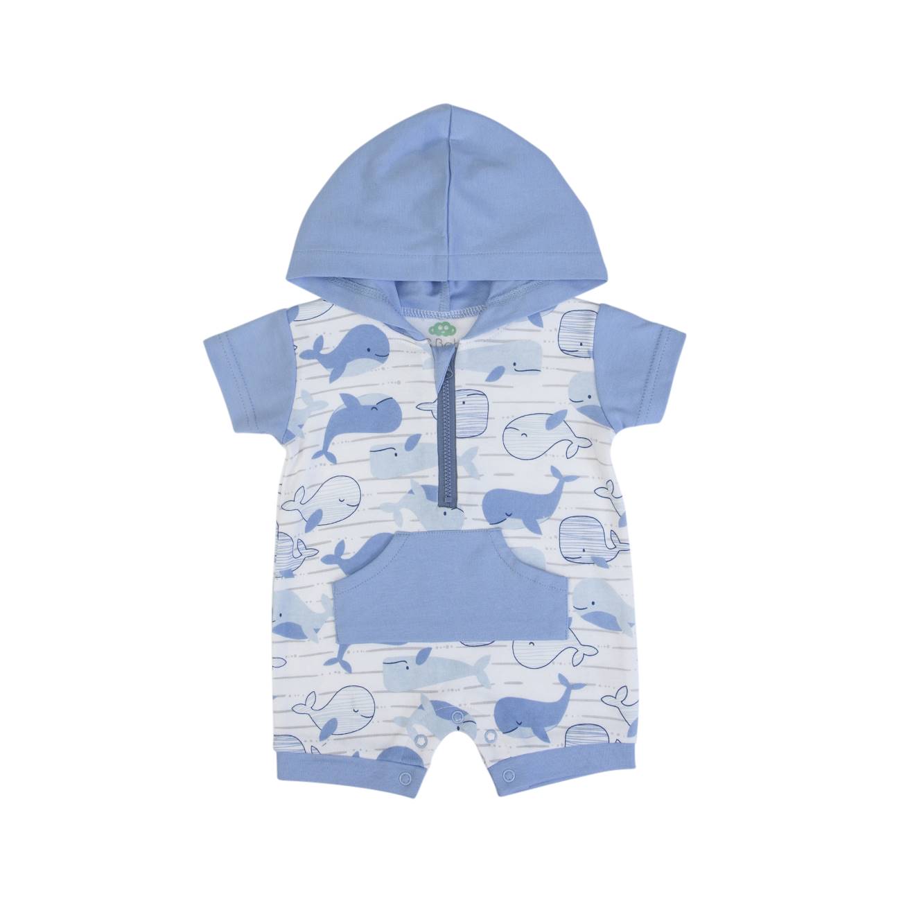 Macacão de bebé azul e branco com padrão de baleias e capuz