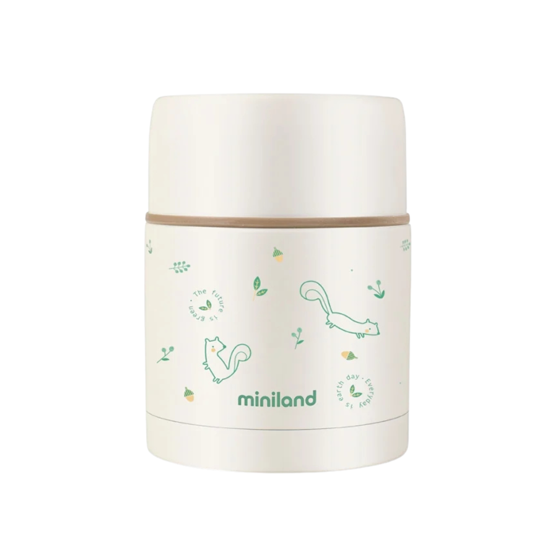 Garrafa térmica branca com estampas verdes de esquilos, folhas e bolotas, texto miniland