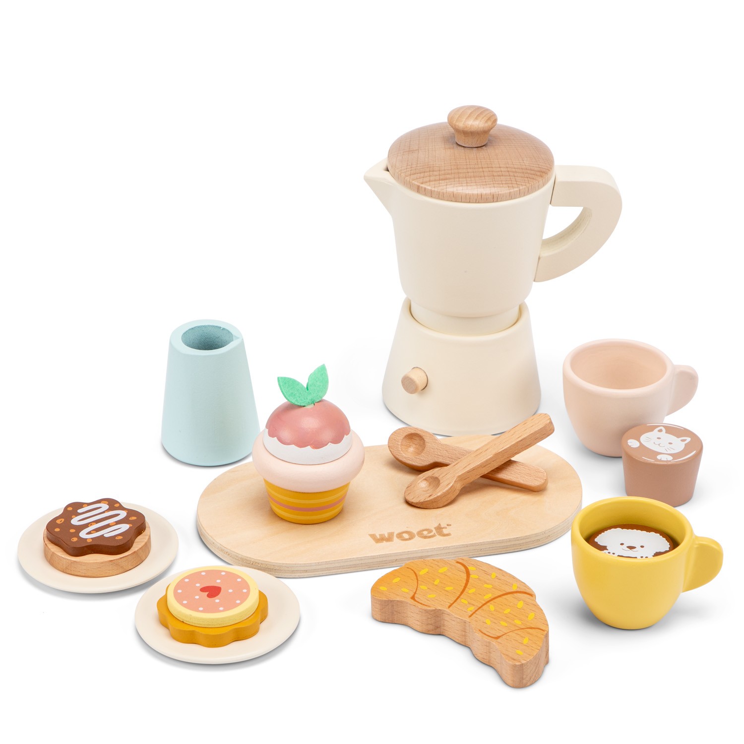 Brinquedo de madeira em forma de cafeteira, xícaras, bolos e croissant colorido