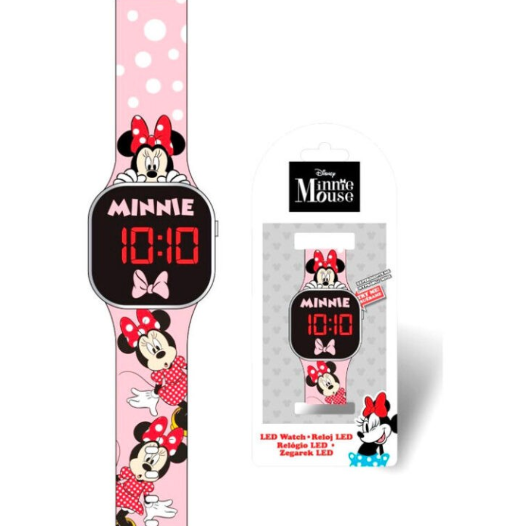 Relógio digital LED Minnie Mouse com bracelete rosa e várias imagens da personagem.
