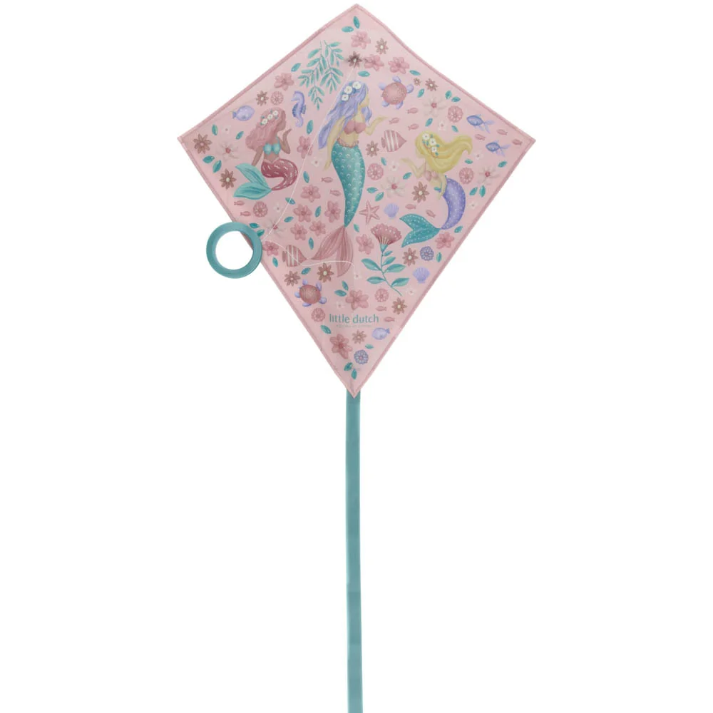 Pipa rosa com desenhos de sereias, flores e peixes, linha com anel azul e haste azul