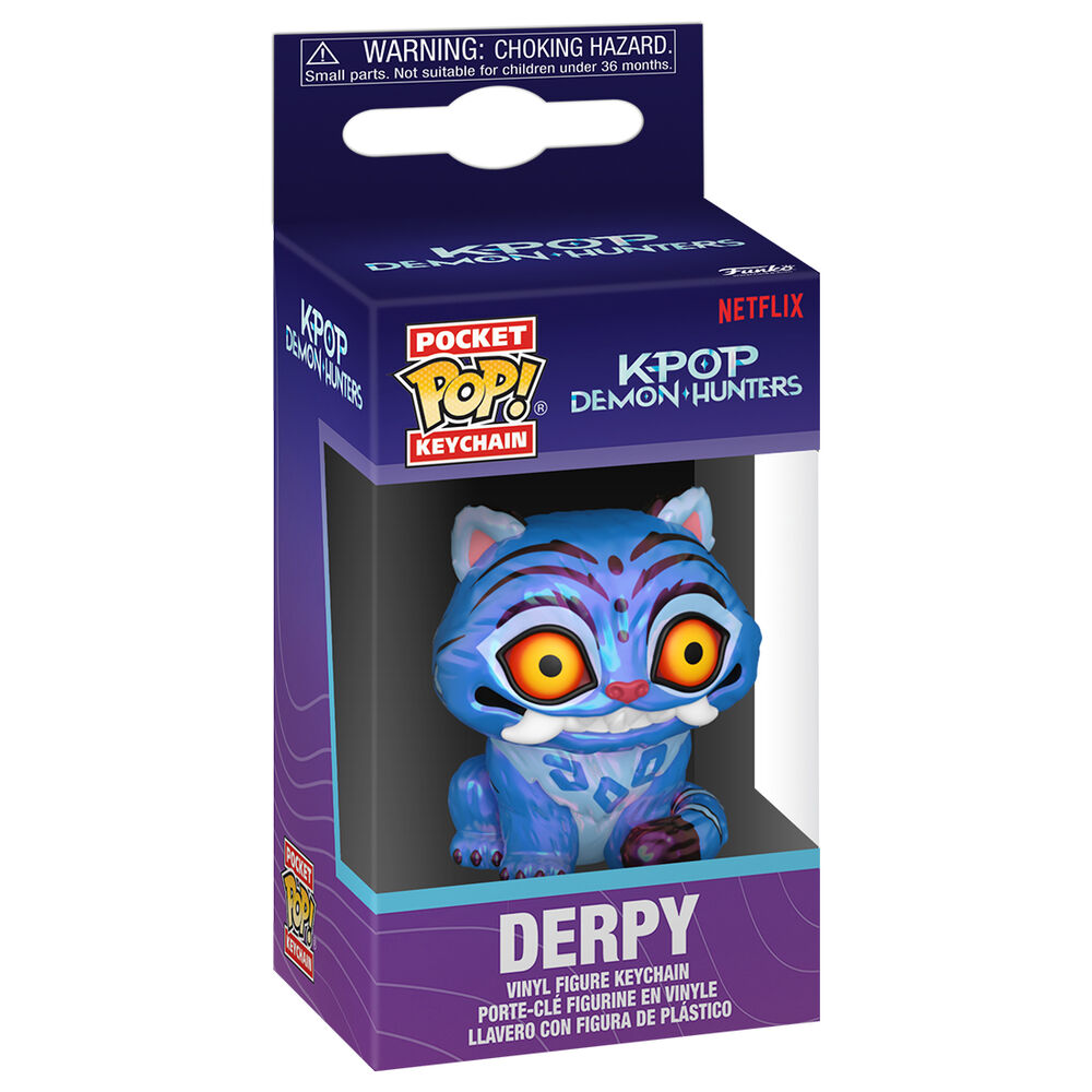 Chaveiro de figura vinil Derpy KPOP Demon Hunters em embalagem roxa com janela transparente