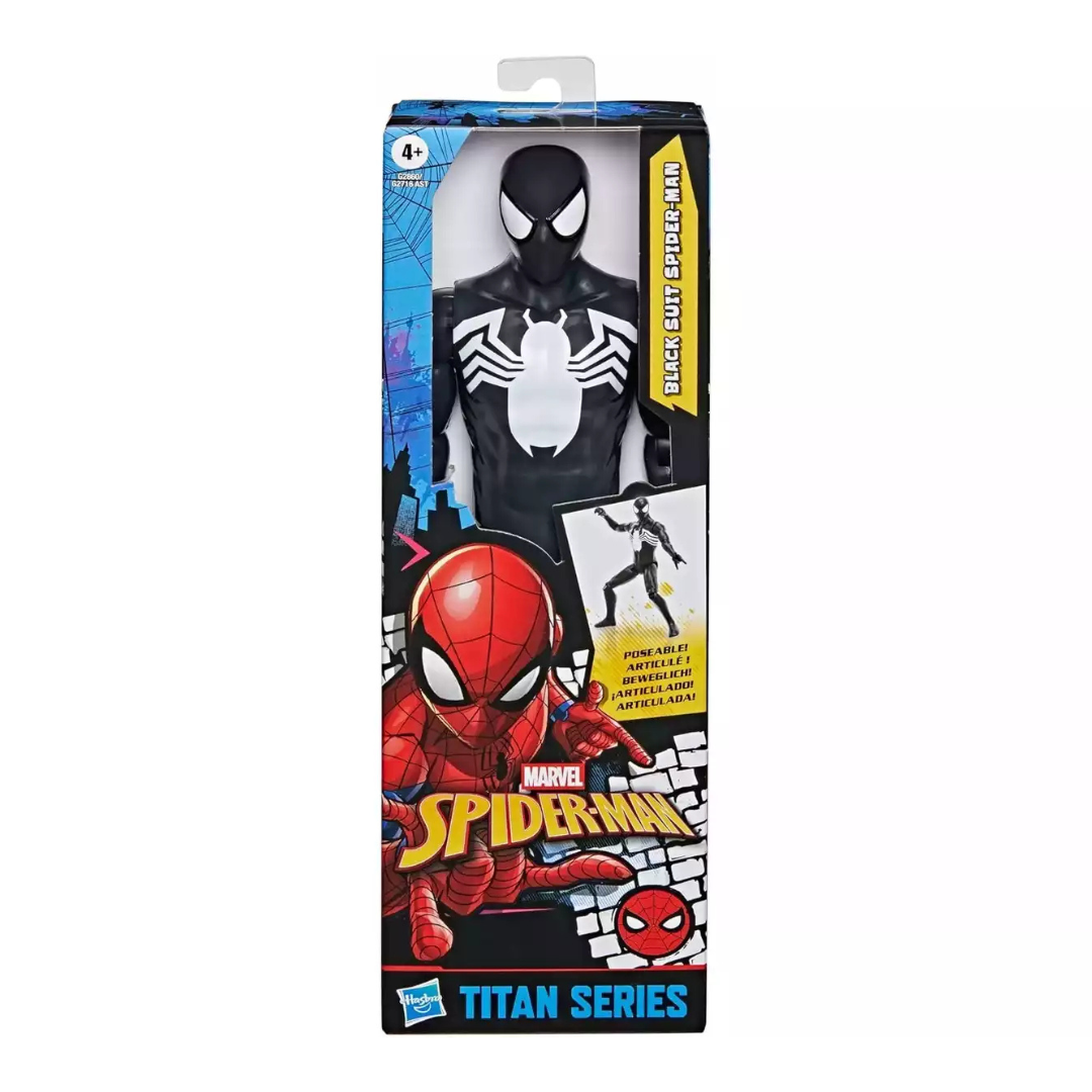 Figura de ação Spider-Man com fato preto em embalagem Hasbro Titan Series