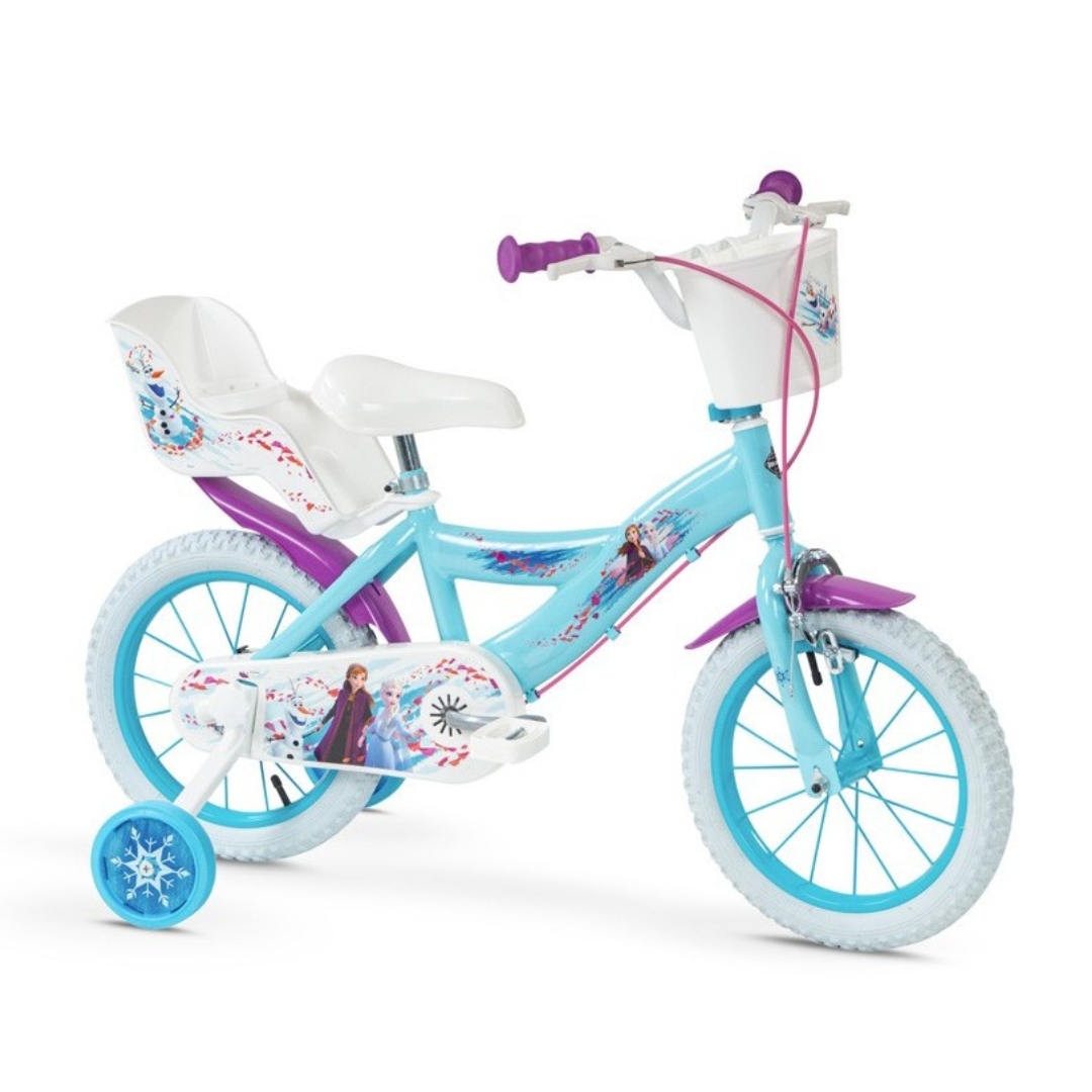 Bicicleta infantil azul com temas Frozen e rodinhas de apoio