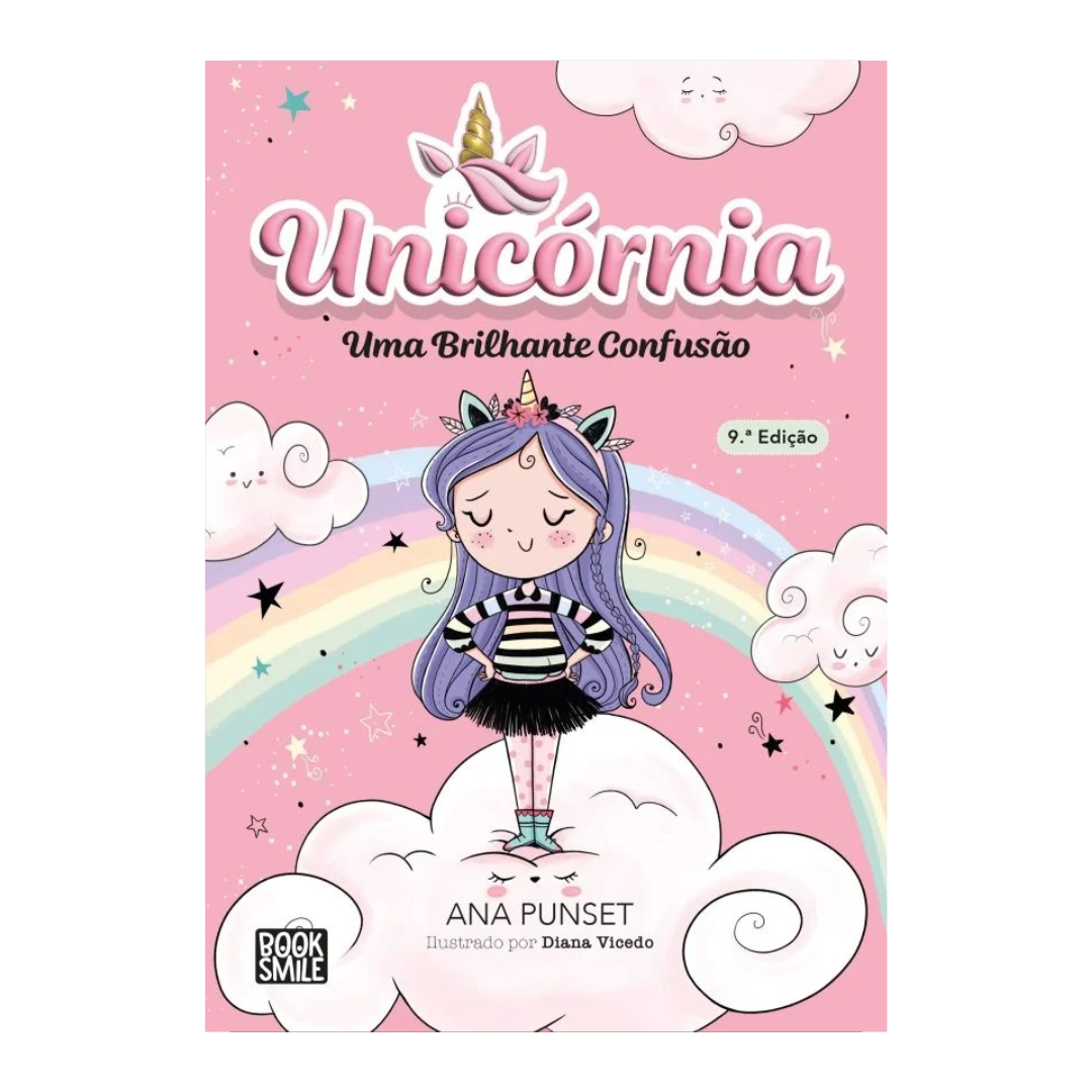 Capa de livro infantil unicórnio com menina em nuvem, arco-íris e estrelas em fundo rosa