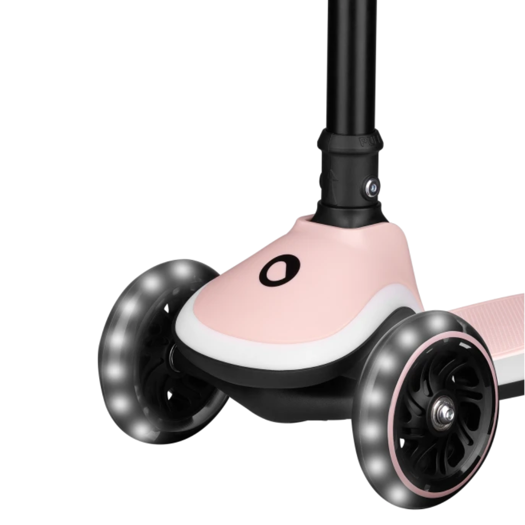 Carrinho de três rodas infantil rosa com LEDs nas rodas