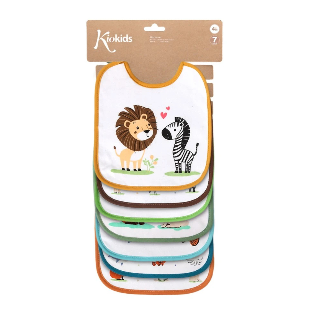Pack de 7 babetes para bebés com desenhos de animais e bordas coloridas