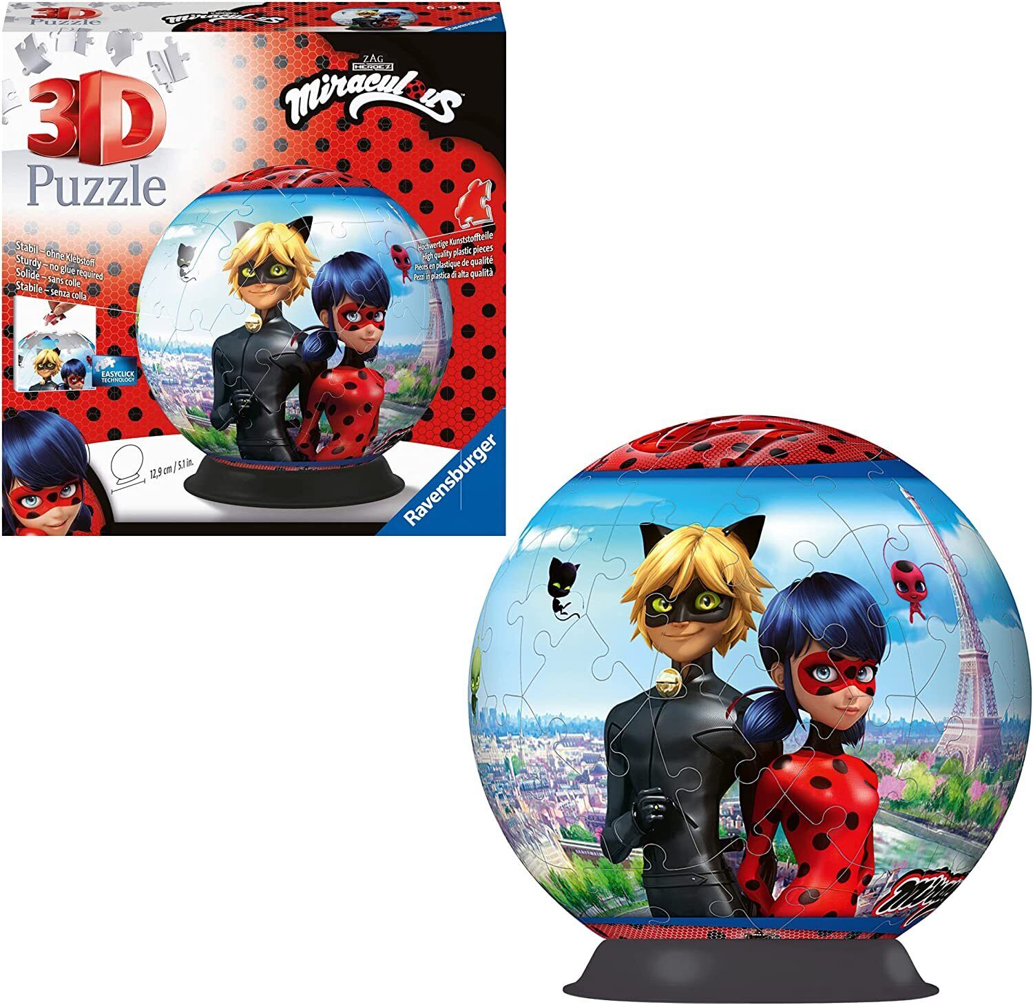 Quebra-cabeça 3D Ravensburger Miraculous Ladybug e Cat Noir esférico