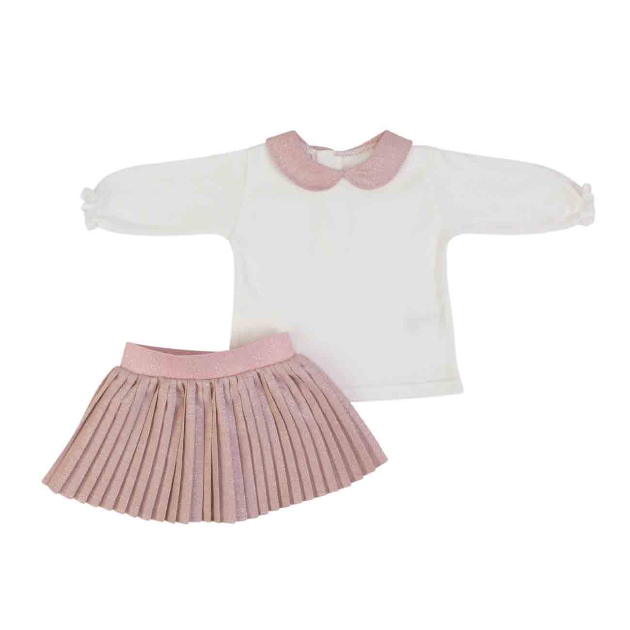 Conjunto de roupa para bebé com camisola branca e saia plissada rosa