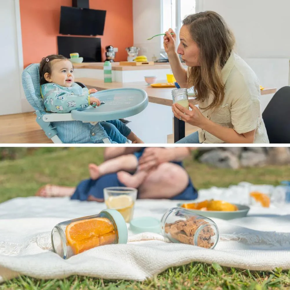 Cadeira alta para bebé azul numa cozinha e frascos de vidro com tampas azuis sobre um pano branco na relva.