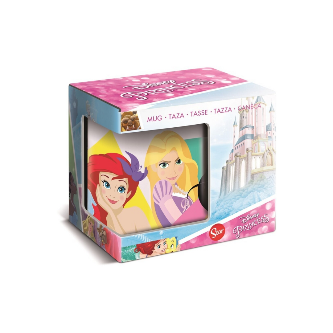 Caneca das Princesas Disney com Ariel e Rapunzel em caixa rosa